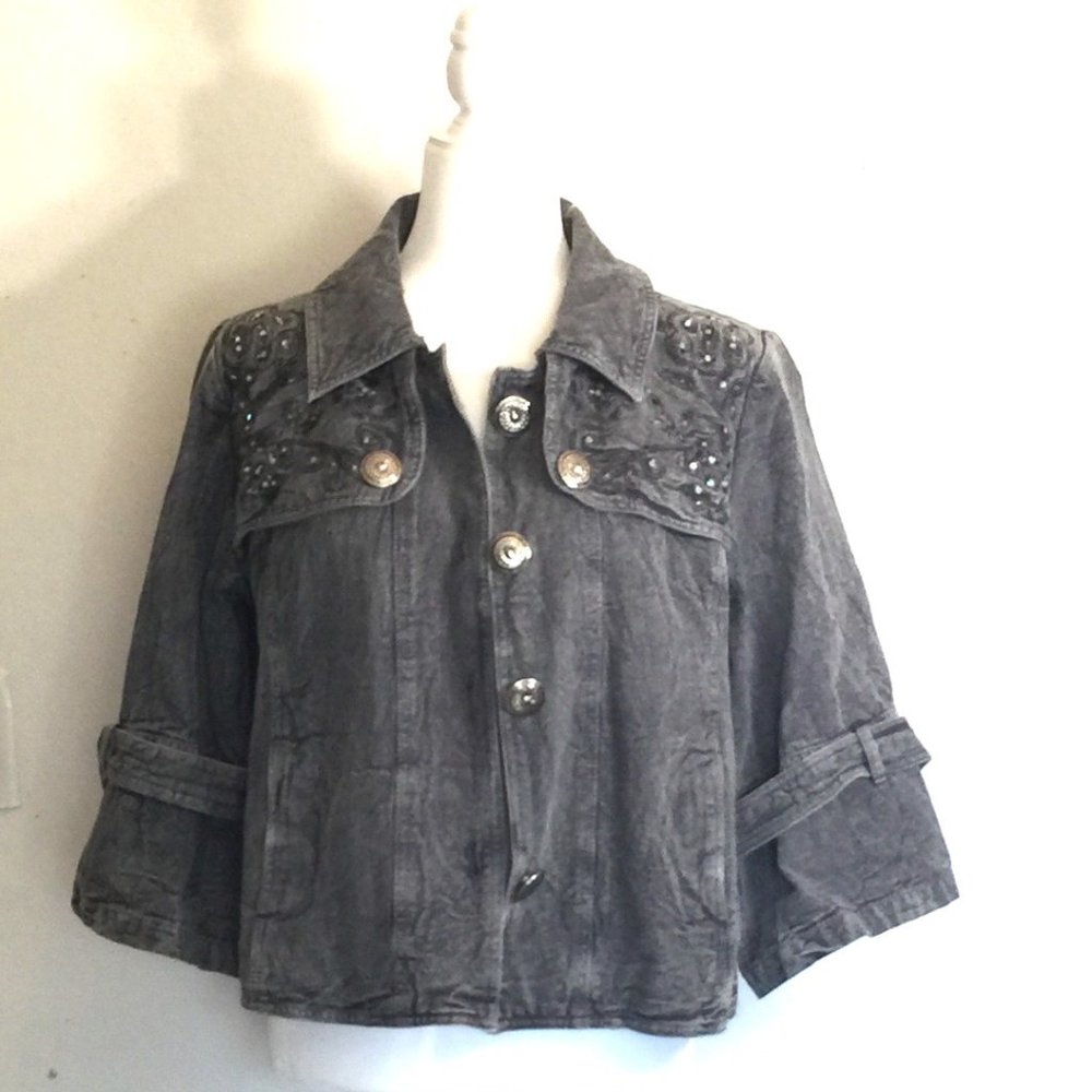 RETRO URBAN TRIBE Gray Denim Jacket, Beads, Silver Buttons, Size L